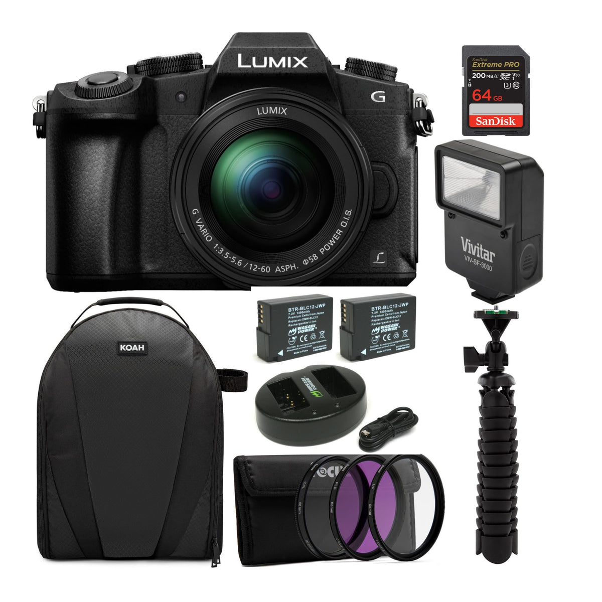 Panasonic LUMIX G85MK 4K Mirrorless Interchangeable Lens Camera Kit with 12-60mm Lens Bundle with 64GB Memory Card, Camera Accessories, Backpack, Spider Tripod, Filter Kit, and Flash (7 Items)