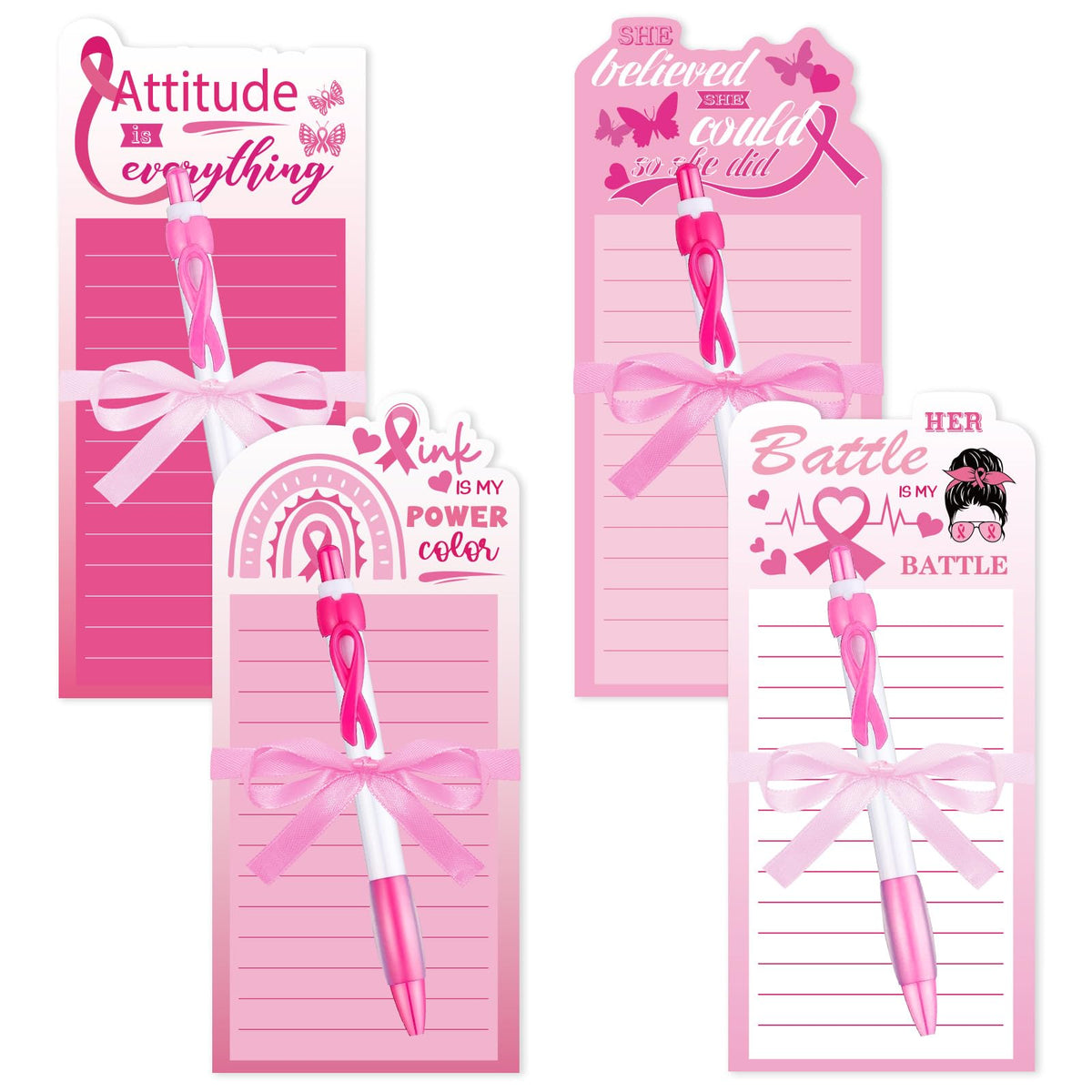 AnyDesign 18Pcs Breast Cancer Awareness Notepad with Pens and Ribbons 1.5 Inch Heart Pink Ribbon Sticky Memo Pad Set for Women School Office Hospital Fundraising Party Supplies