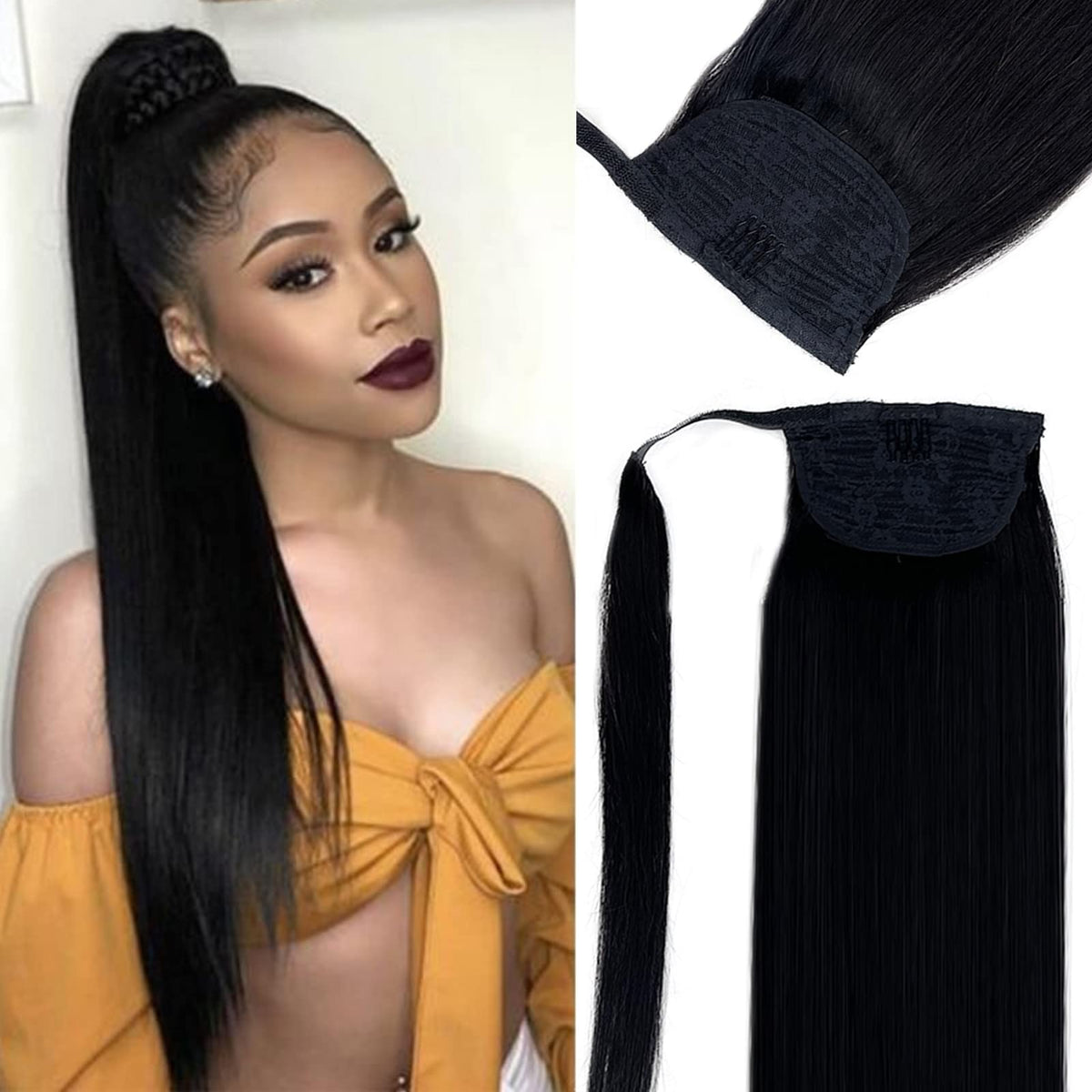 Ponytail Extensions Human Hair Clip in Ponytail Hair Extensions Natural Black Real Human Hair Ponytail Extensions for Women Long Straight Remy Hair Pony Tail Extensions Double Weft 80G 14 Inch
