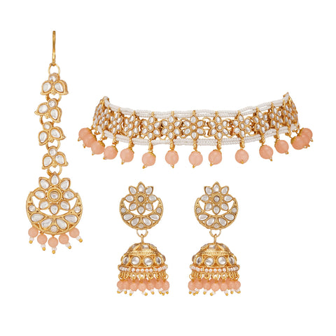 Jwellmart Gold Plated Faux Kundan Pearl Bridal Wedding Choker Necklace Earrings Tika Combo Set Bollywood Party Traditional Fashion Indian Jewelry Jewellery Set for Women (Peach)
