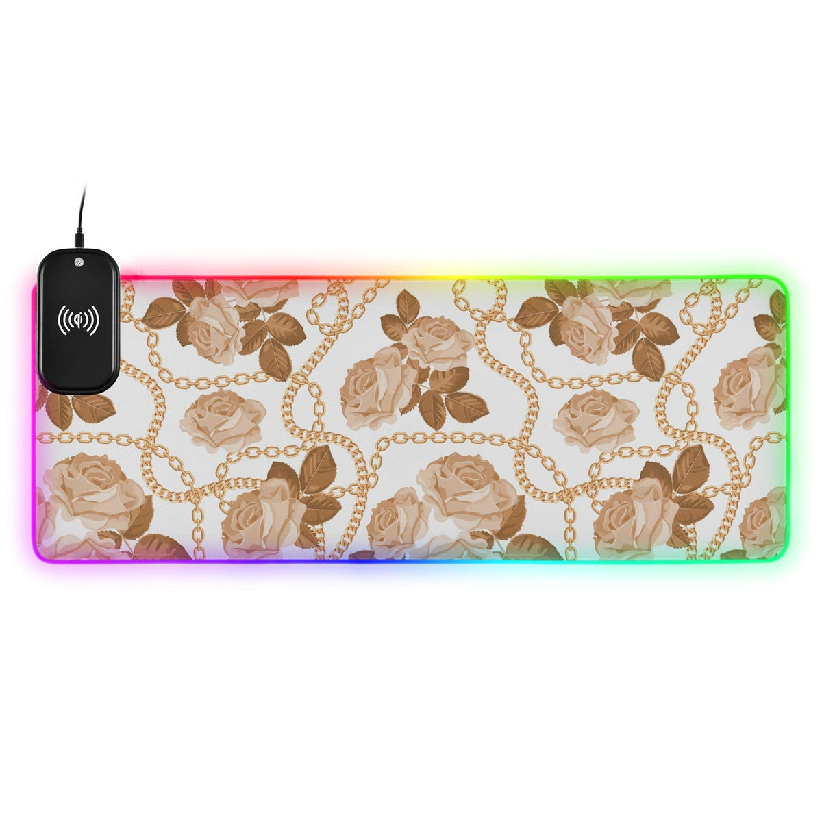 Golden Chains Beige Roses Wireless Charging Mouse Pad for Mobile Phone Extra Large Gaming Mousepad with 13 Lighting Modes Mouse Mat for Gaming MacBook PC Laptop Desk Office Home