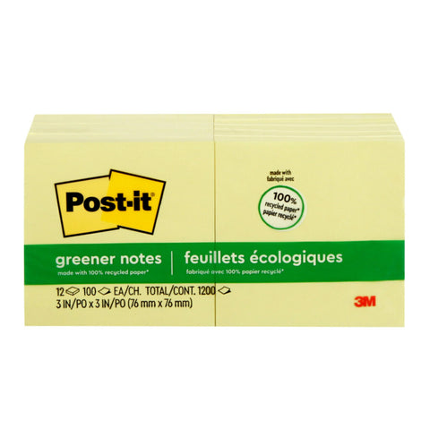 Post-it Greener Notes, AmericaÃ¢â‚¬â„¢s #1 Favorite Sticky Note, 3 x 3-Inches, Canary Yellow, 12-Pads/Pack