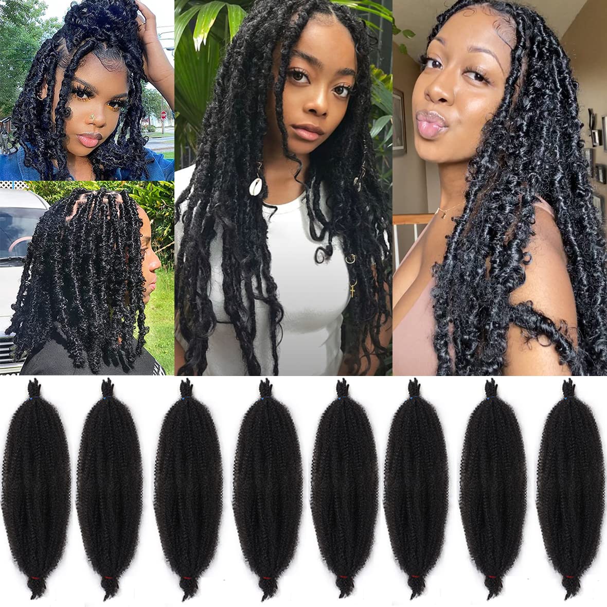 Leeven 24 Inch Pre-Separated Springy Afro Twist Hair 8 Packs Popping Spring Twist Hair for Marley Locs Twist Braiding Hair 8 Strands/Pack Black Pre-fluffed Afro Kinky Marley Hair Extensions /1B#