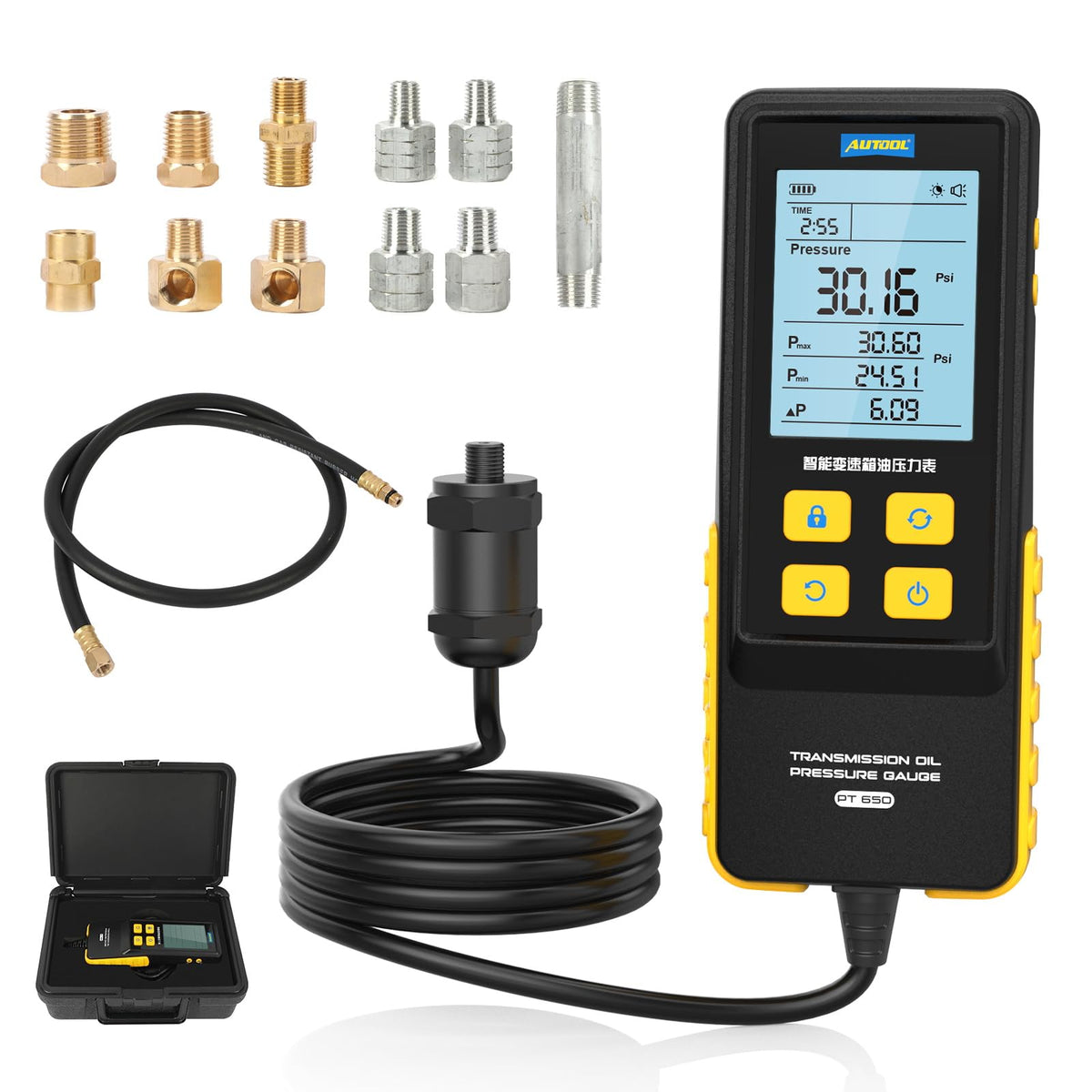 AUTOOL Transmission Oil Pressure Gauge Digital Engine Transmission Fluid Pressure Tester 0-426 PSI 0~29bar 0~30kg/cmÃ‚Â², Gearbox Oil Pressure Gauge Kit with Hose and Adapters 2.8-inch Backlight Display
