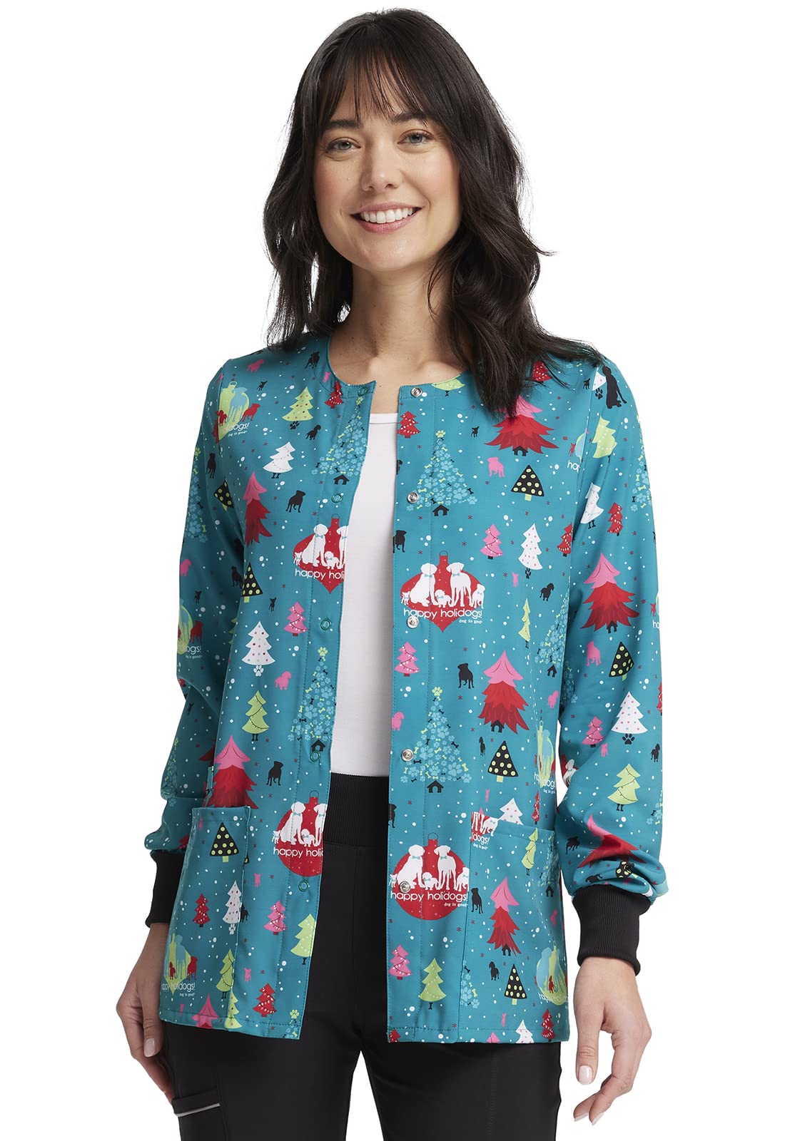 Cherokee Prints Women Warm Up Scrubs Jacket Snap Front Print CK321, M, Happy Holidogs