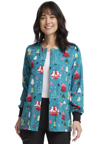 Cherokee Prints Women Warm Up Scrubs Jacket Snap Front Print CK321, M, Happy Holidogs