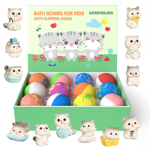 Bath Bombs for Kids with Surprise Inside, Kids Bath Bombs with Cat Toys Inside for Girls Boys Toddlers, 12 Pack Organic Bath Bomb Gift Set for Valentines Easter
