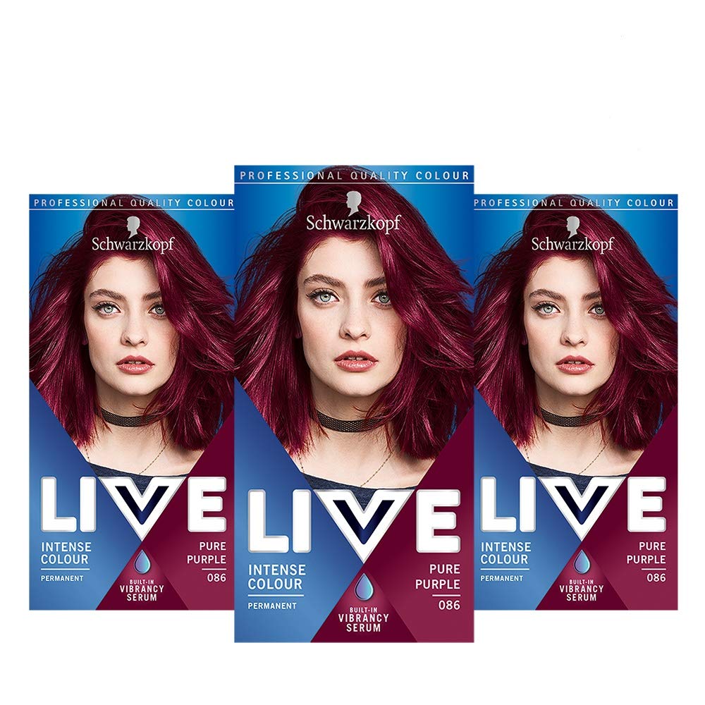 Schwarzkopf Live Intense Colour Purple Hair Dye, 3-Pack Permanent Colour with Vibrancy Serum, 086 Pure Purple