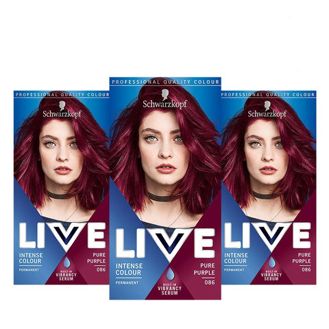 Schwarzkopf Live Intense Colour Purple Hair Dye, 3-Pack Permanent Colour with Vibrancy Serum, 086 Pure Purple