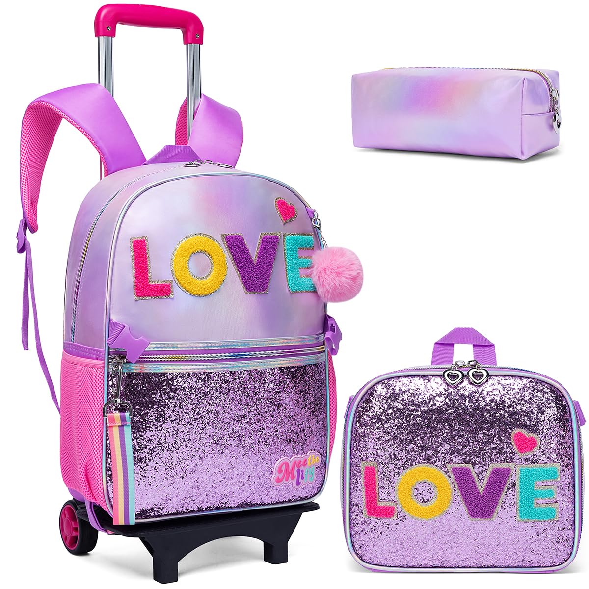Oruiji Rolling Backpack for Girls Cute Purple Backpack with Wheels Girls Backpack with Lunch Box Set Wheeled Backpack Girls Trip Luggage for Elementary Back to School Supplies