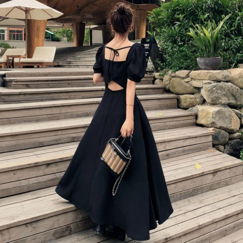 MOOCO MORNING Dress Womens Chic Vintage Black High Waist Square Collar Puff Sleeve Bow A-line Classy Retro Elegant French Female Clothing 2022