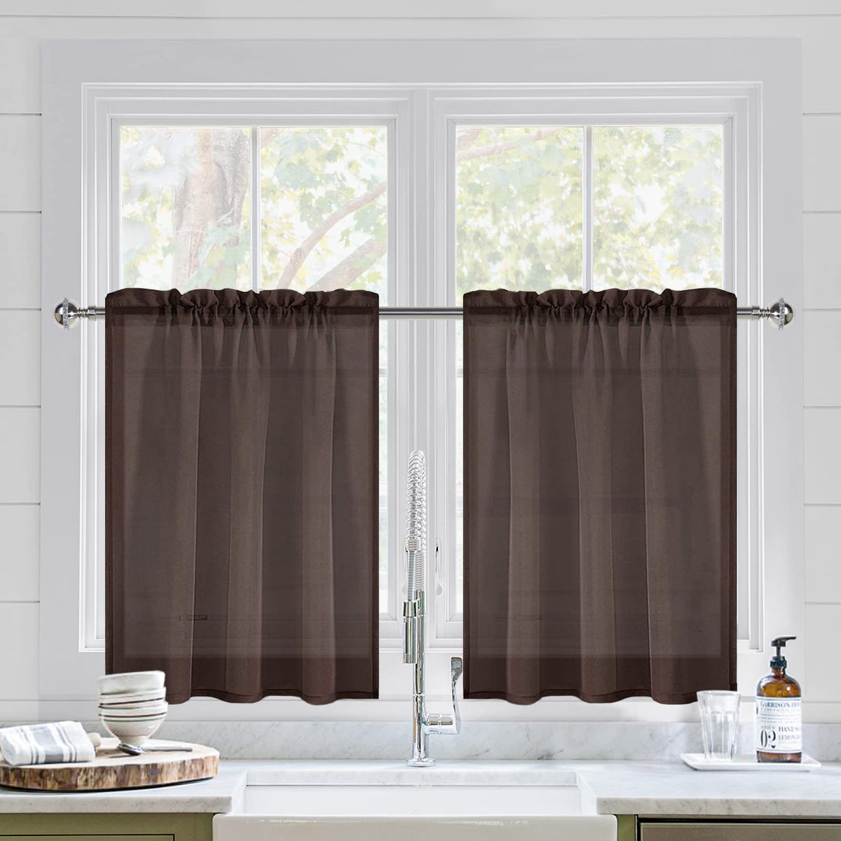 DWCN Brown Sheer Curtains for Kitchen Windows - Rod Pocket Semi Transparent Voile Tier Curtains for Bedroom, Living Room, Farmhouse, 36 x 36 inches Long, Set of 2 Panels
