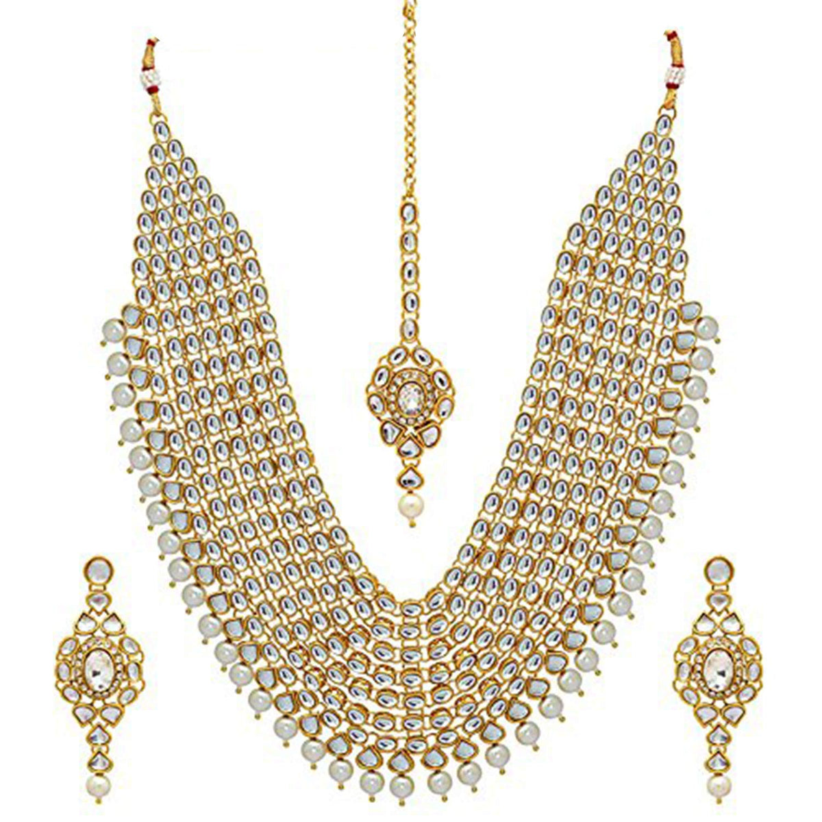Aheli Indian Wedding Designer Faux Kundan Multi Layered Bridal Necklace Set with Maang Tikka Ethnic Fashion Jewelry for Women (White)