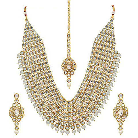 Aheli Indian Wedding Designer Faux Kundan Multi Layered Bridal Necklace Set with Maang Tikka Ethnic Fashion Jewelry for Women (White)