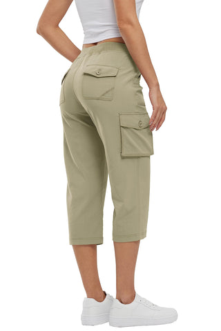 Rdruko Womens Cargo Shorts,Capri Cargo Pants for Women,Ladies Cropped Ttrousers,Linen Cotton Shorts for Casual Work Walking Hiking Grey Khaki L