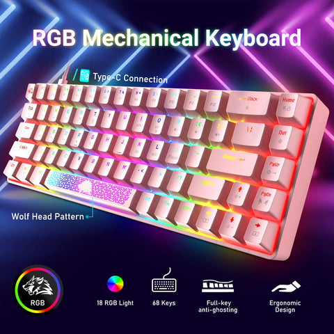 60% Mechanical Gaming Keyboard and Mouse Combo RGB Backlight Ergonomic Anti-ghosting 68 Keys 6400DPI Silent Honeycomb Mice Type-C Wired for Computer Mac Gamer