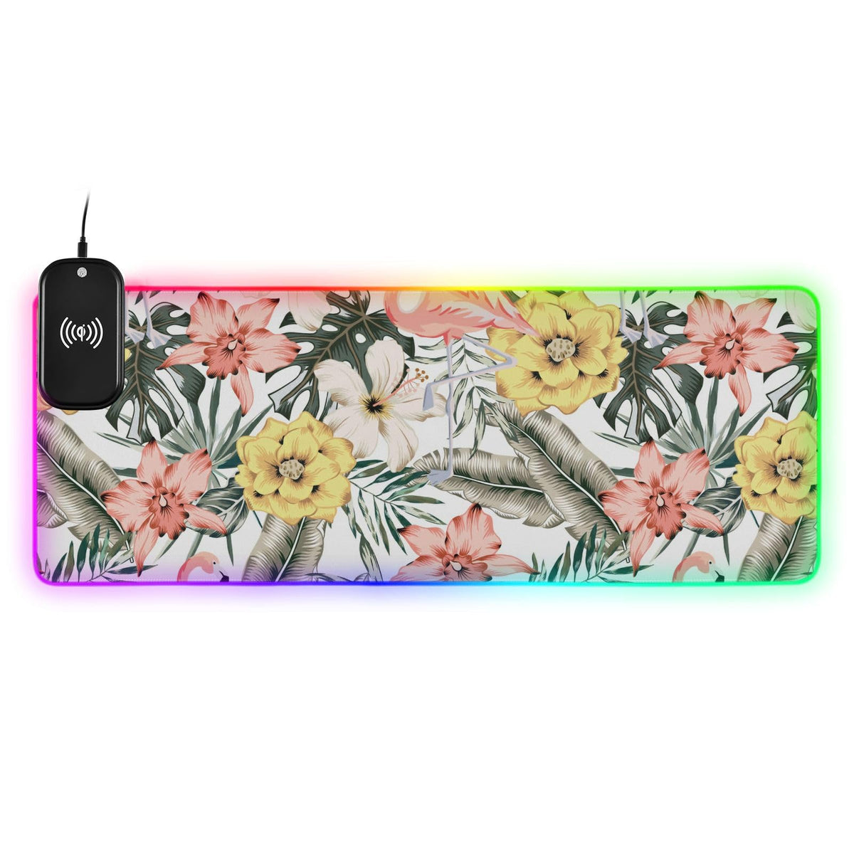 Flamingo Flowers Wireless Charging Mouse Pad for Mobile Phone Extra Large Gaming Mousepad with 13 Lighting Modes Extended Desk Mat for Gaming MacBook PC Laptop Desk Office Home