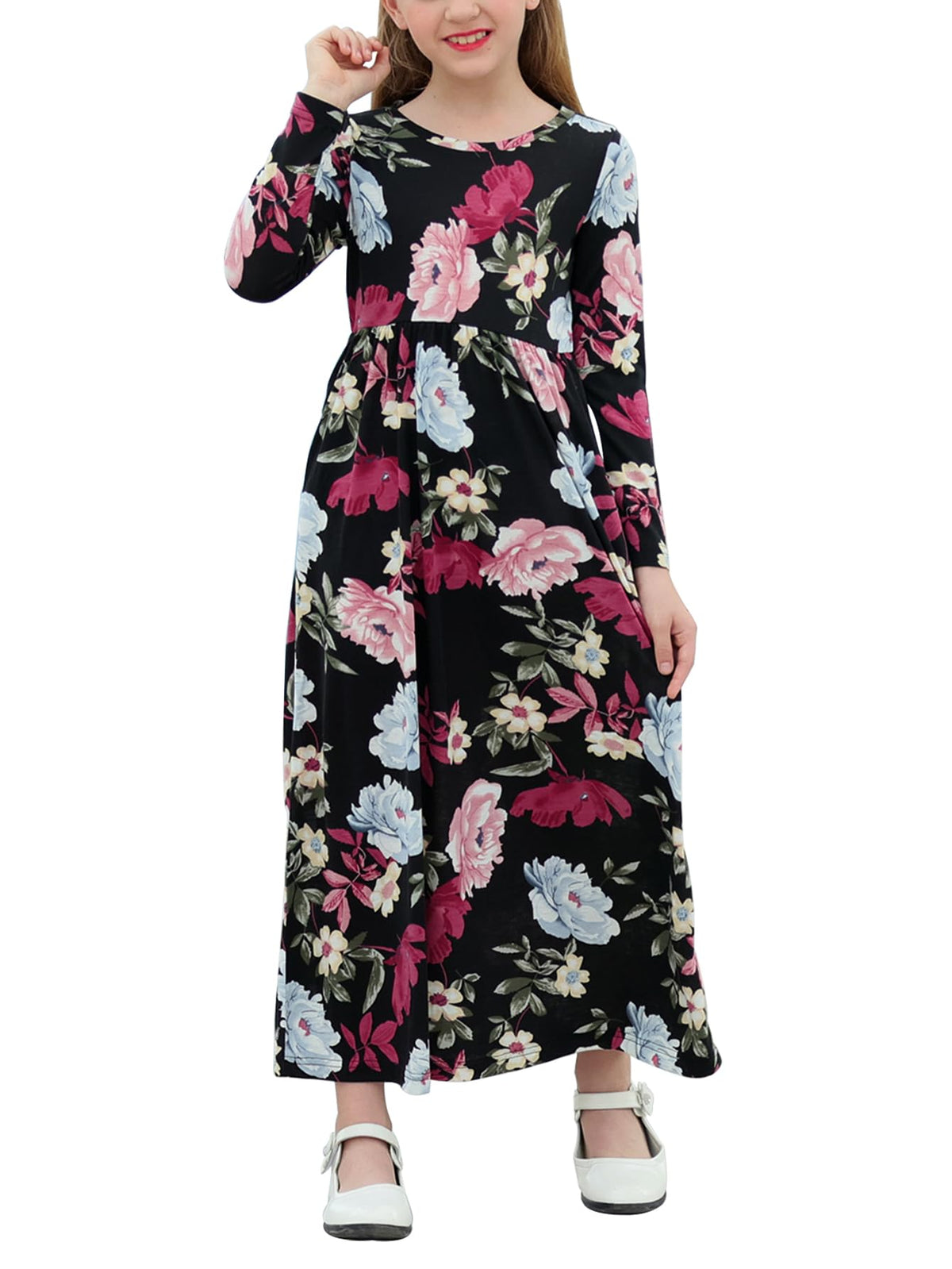 GORLYA Girl's Long Sleeve Floral Print Loose Casual Holiday Long Maxi Dress with Pockets 4-12 Years (11-12Years/Height:150cm, Black Peony)