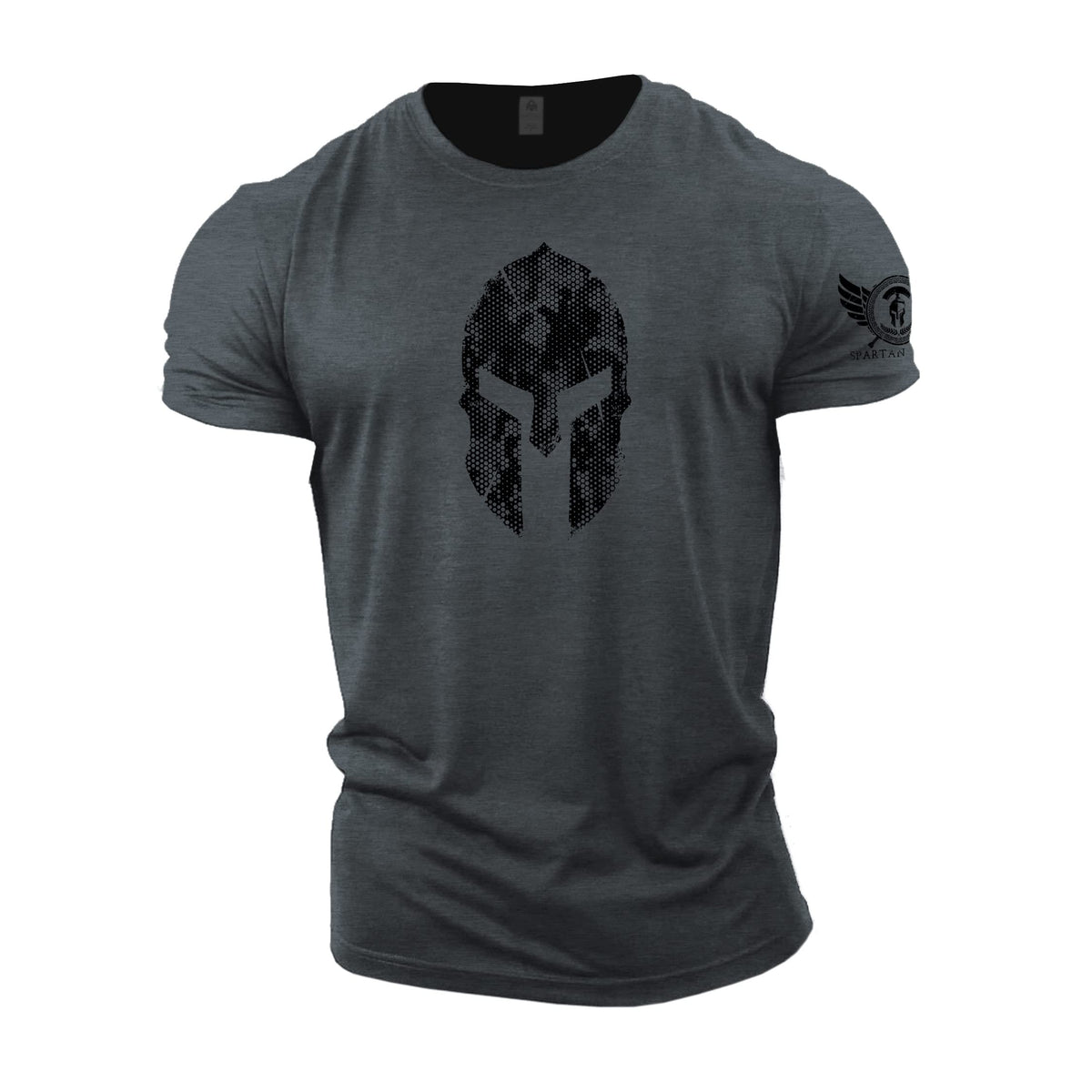 GYMTIER Spartan Helmet Hex Camo - Spartan Gym T-Shirt for Men Bodybuilding Weighlifting Strongman Training Top Active Wear Spartan Forged Grey Medium