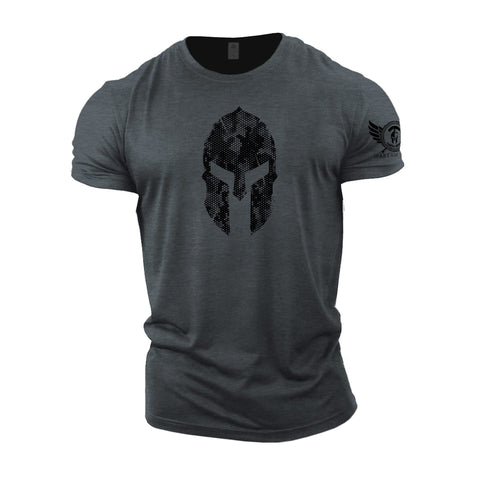 GYMTIER Spartan Helmet Hex Camo - Spartan Gym T-Shirt for Men Bodybuilding Weighlifting Strongman Training Top Active Wear Spartan Forged Grey Medium
