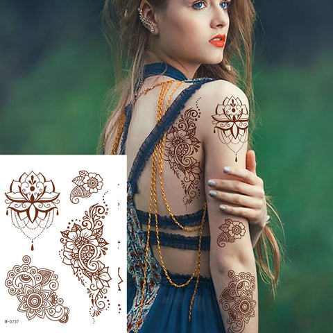 ?enna Tattoo Stickers Brown Flower Lace Waterproof Temporary Tattoo Stickers Indian Diwali Festival Stickers for Birthday Party Decoration 6sheets