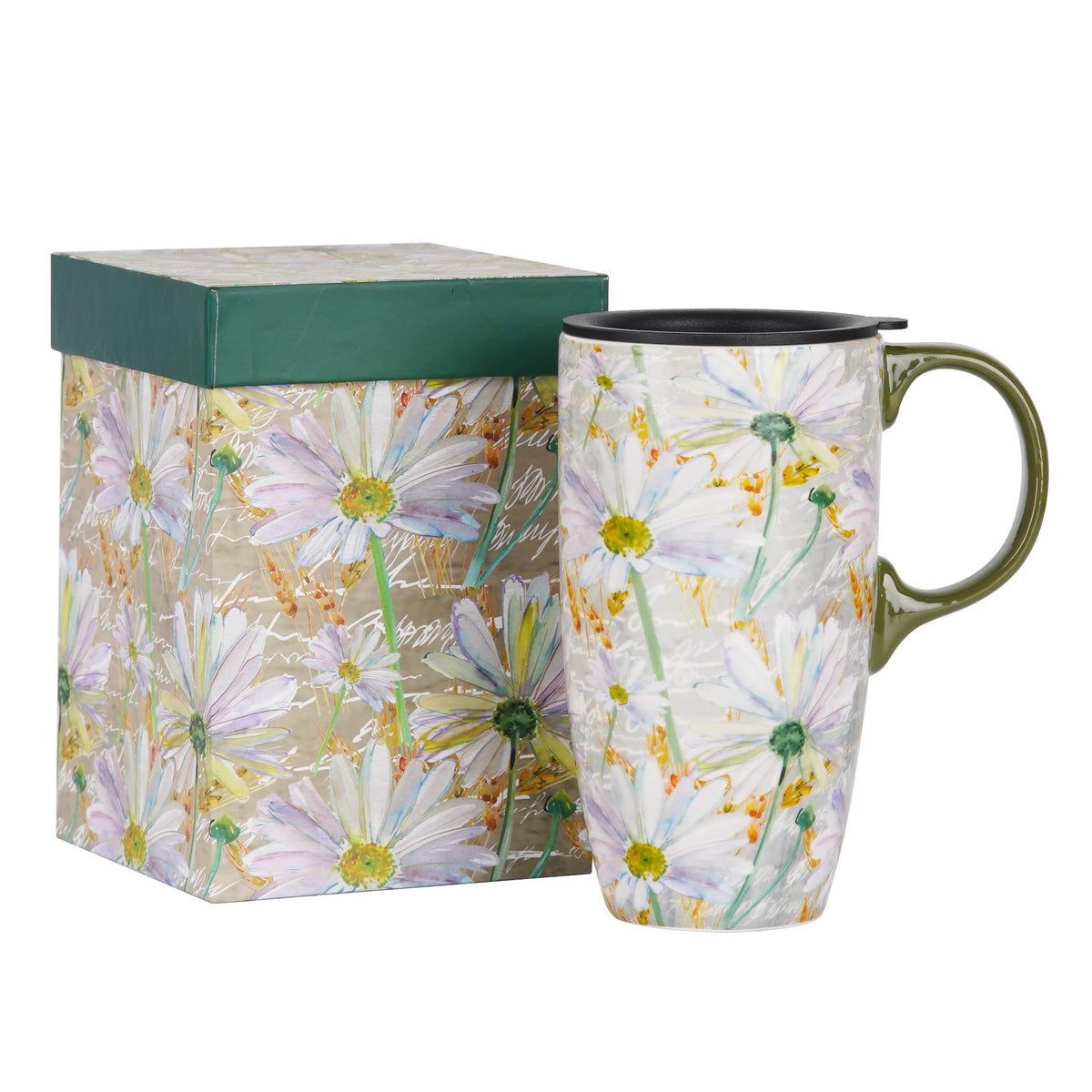 DUSVALLY Coffee Ceramic Mug Travel Coffee Mug Porcelain Latte Tea Cup With Lid and Color Box 17oz.Large Tall Mug,Daisy