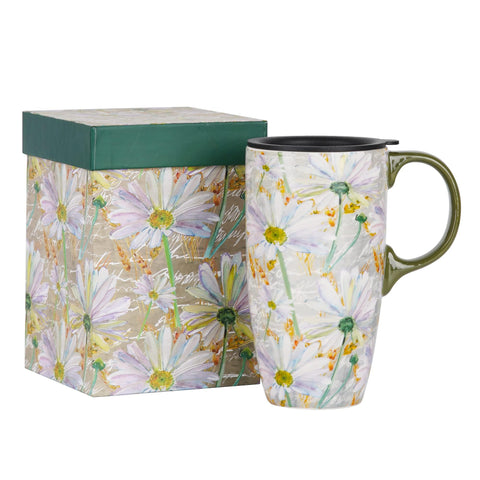 DUSVALLY Coffee Ceramic Mug Travel Coffee Mug Porcelain Latte Tea Cup With Lid and Color Box 17oz.Large Tall Mug,Daisy