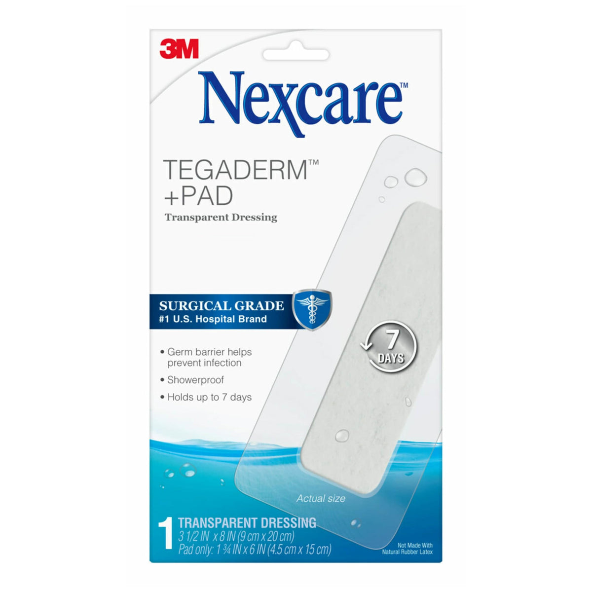 Nexcare Tegaderm Transparent Dressing w/ Pad, Film w/ Pad, Absorbent pad wicks fluid and doesn't stick to your wound, 1 Ct, 3.5 In X 8 In