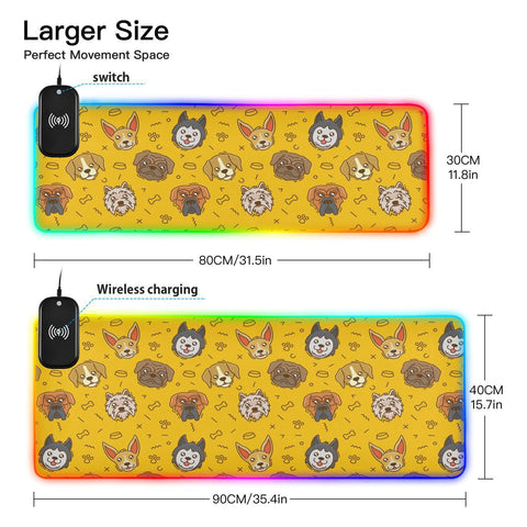 Cute Dog Wireless Charging Mouse Pad for Mobile Phone Extra Large Gaming Mousepad with 13 Lighting Modes Mouse Mat for MacBook PC Laptop Desk Office Home Gaming