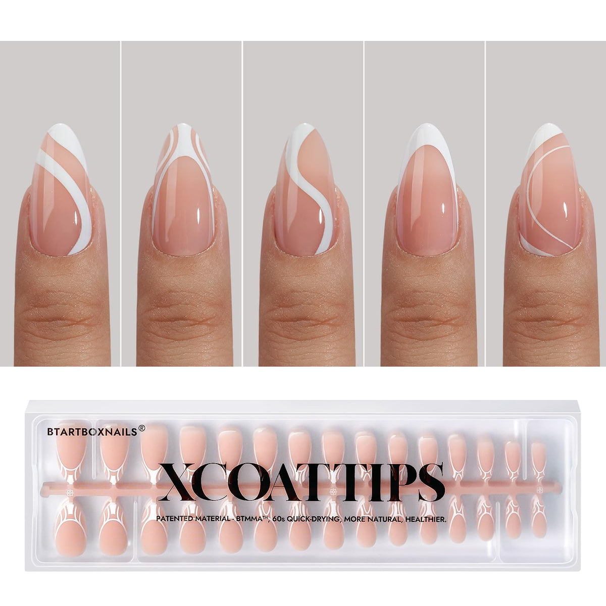 BTArtbox Press On Nails Almond - 5 Styles XCOATTIPS French Tip Almond Nails, Pre-Designed Swirl Soft Gel Nail Tips, Ultra Fit Medium False Nail, Soak Off Acrylic Fake Nails Extensions