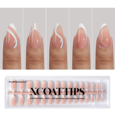 BTArtbox Press On Nails Almond - 5 Styles XCOATTIPS French Tip Almond Nails, Pre-Designed Swirl Soft Gel Nail Tips, Ultra Fit Medium False Nail, Soak Off Acrylic Fake Nails Extensions