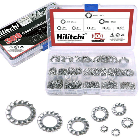 Hilitchi 300-Pcs 304 Stainless Steel External Tooth Star Lock Washers Assortment Kit - included: M2.5 M3 M4 M5 M6 M8 M10 M12