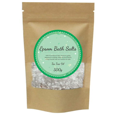 100% Pure Epsom Salts Salt | Magnesium Sulphate Bath Salt | 500g Pack by PSN | Ideal for Relieving Sore Muscles | Reduces Inflammation Scented (Tea Tree Oil, 500g)