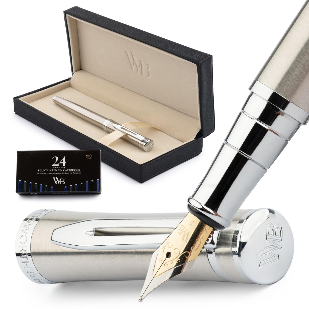 Wordsworth & Black Fountain Pen Set, 18K Gilded Fine Nib, Includes 24 Pack Ink Cartridges, Ink Refill Converter & Gift Box, Gold Finish, Calligraphy, [Silver Chrome], Perfect for Men & Women