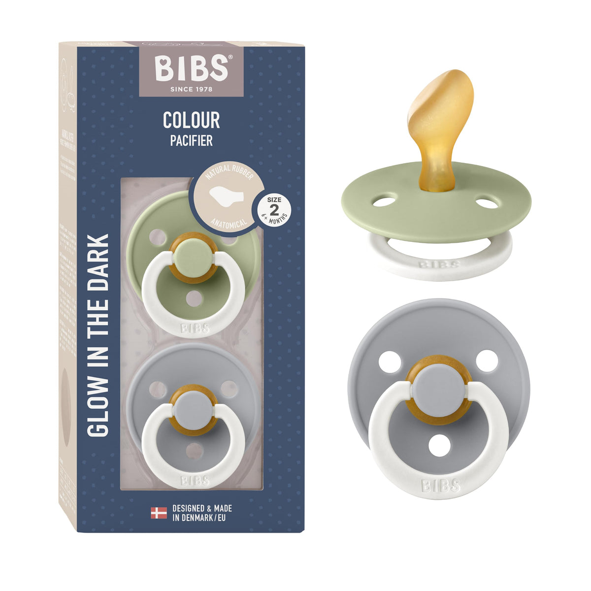 BIBS Colour Anatomical Glow Soother 2-Pack, BPA Free Dummy Pacifier, Orthodontic Nipple. Natural Rubber Latex, Made in Denmark. Str. 2, Sage Glow/Cloud Glow