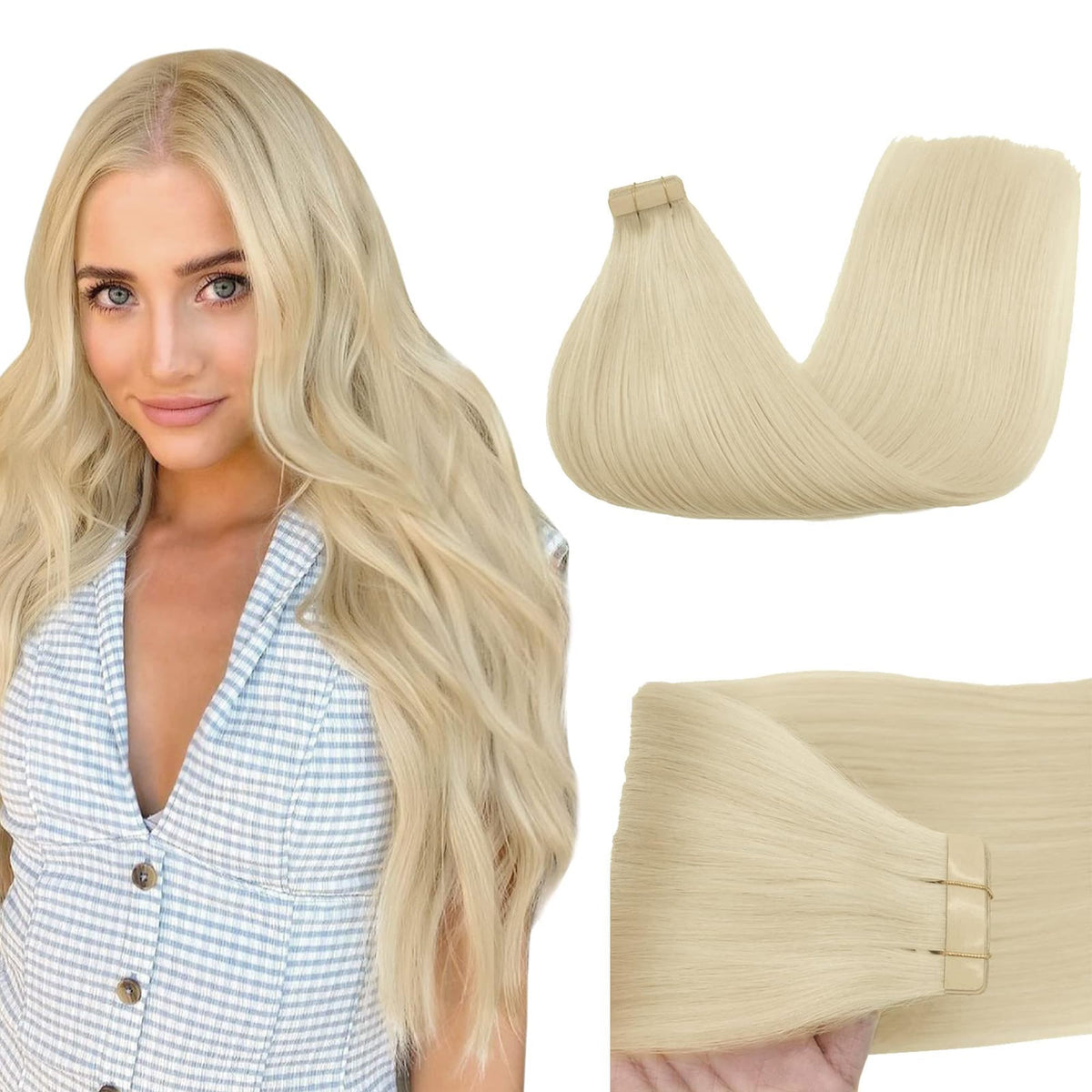 GOO GOO Tape in Hair Extensions Human Hair, 60A Platinum Blonde, 14inch 50g 20pcs, Thick Ends Straight Seamless Tape in, Invisible Tape in Hair Extensions Human Hair