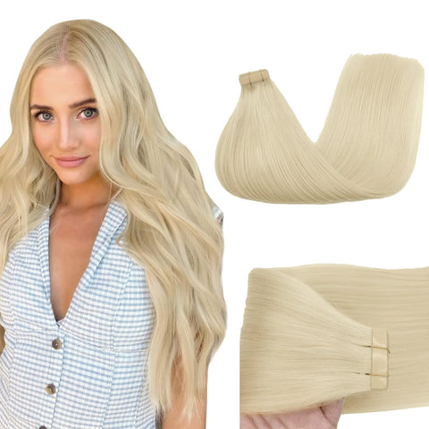 GOO GOO Tape in Hair Extensions Human Hair, 60A Platinum Blonde, 14inch 50g 20pcs, Thick Ends Straight Seamless Tape in, Invisible Tape in Hair Extensions Human Hair