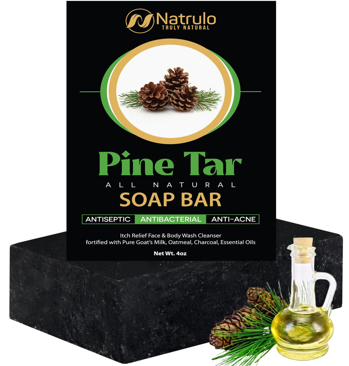All Natural Pine Tar Soap Bar 4oz - Cleansing Anti Acne Eczema Psoriasis Itch Relief Pine Tar Face & Body Wash Cleanser - Pure GoatÃƒÂ¢Ã¢â€šÂ¬Ã¢â€žÂ¢s Milk Soap with Oatmeal, Charcoal, Essential Oils Made in USA