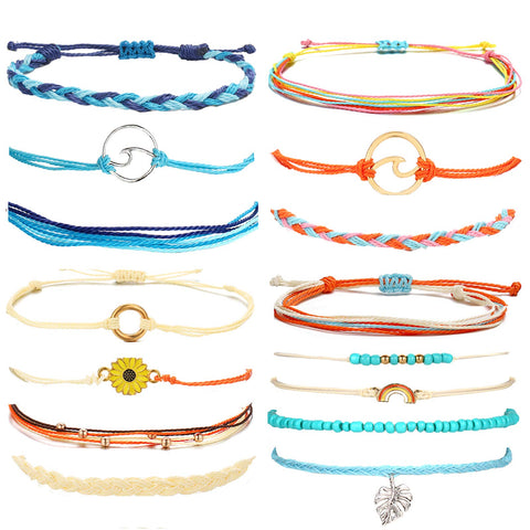 Colorful Beach Bracelet Summer String Bracelets Set Adjustable Bohemian Surfer Wave Bracelets for Women Waterproof Sunflower Anklets String Bracelets Gifts (H)