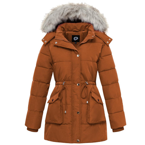 poonyfesh Women's Winter Hooded Coat Waterproof Down Long Jacket Warm Parka Thicken Puffer Coat with Removable Fur Hood Ginger Large