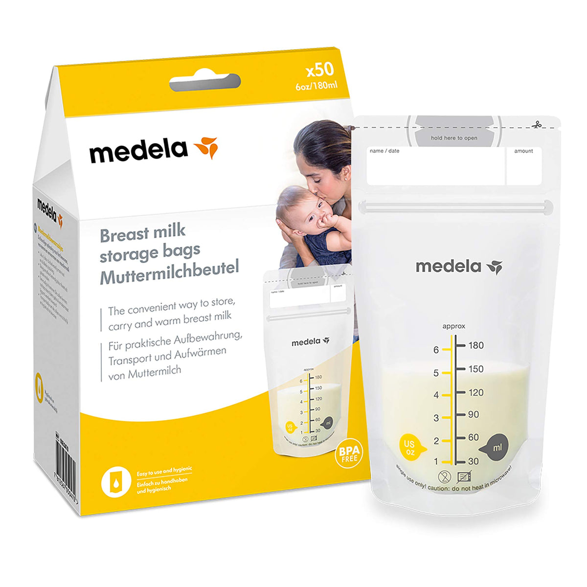 Medela Set of 180 ml Breast Milk Storage Bags - Pack of 50 BPA-free breast milk collection pouches with double zip, quick freeze and thaw