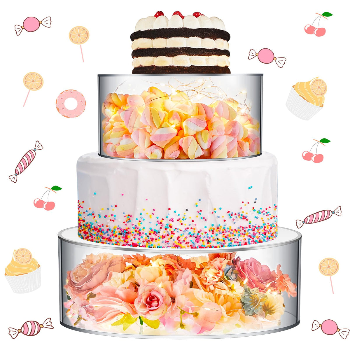 Sunnyray 2 Pcs Acrylic Cake Stands for Dessert Table Clear Fillable Cake Riser Cupcake Cake Tier with LED Strings for Birthday Wedding Holiday Party Display(6'', 8'')