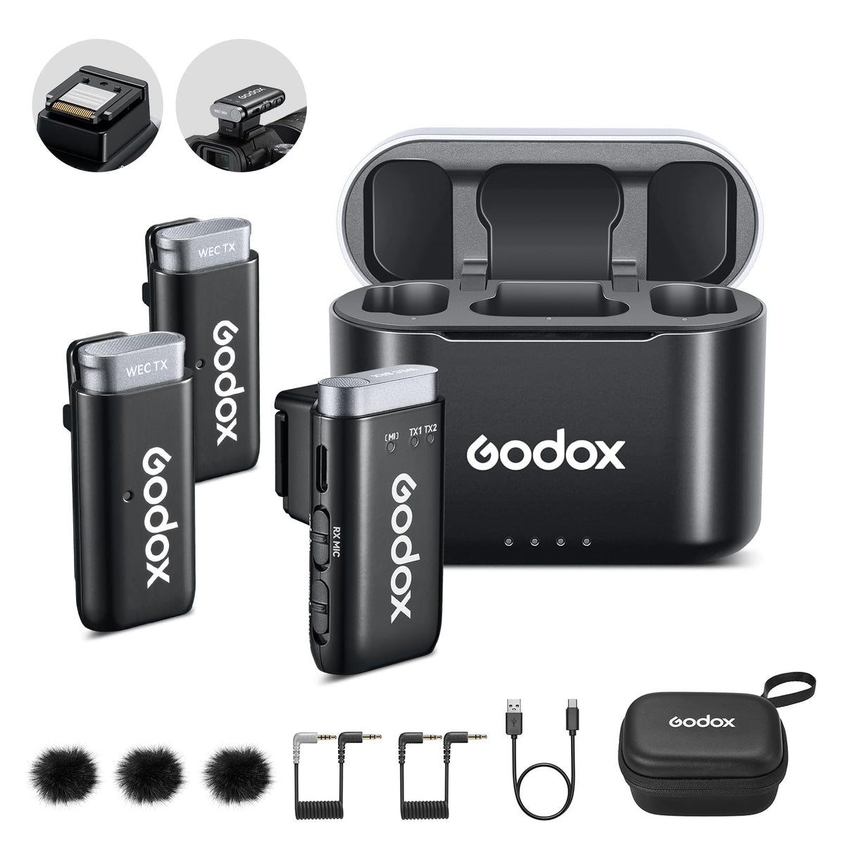 GODOX WEC-S Wireless Lavalier Microphone for Sony, Hotshoe Mount Receiver for Sony Camera, 200m (656ft.) Range, Noise Cancelling Mic, Wireless Microphone for PC/Phone/Camera