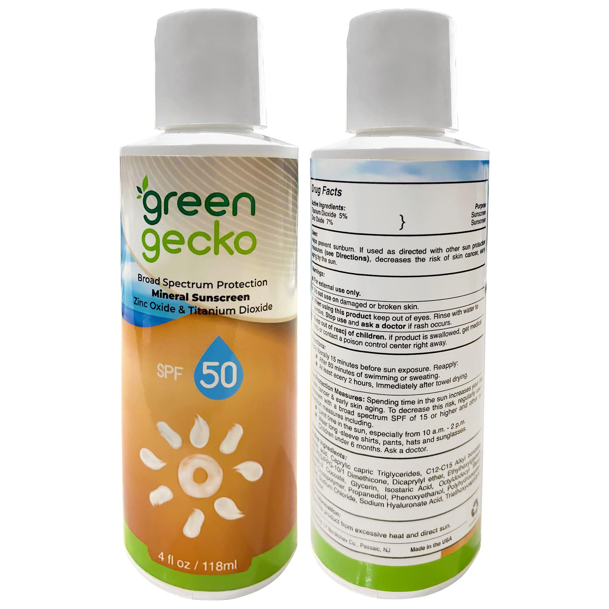 GREEN GECKO Mineral Sunscreen SPF 50, Broad Spectrum Protection, Zinc Oxide & Titanium Dioxide 4oz