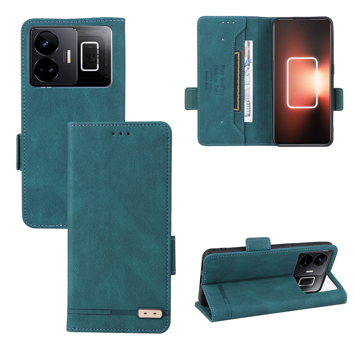 Anti-Fall Magnetic Flip Cover Protective Shell Compatible with Oppo Realme GT Neo5 GTNeo5 3 GT3 RMX3706 RMX3709 Card Slot Wallet Shockproof Leather Case (Green,Realme GT 3)