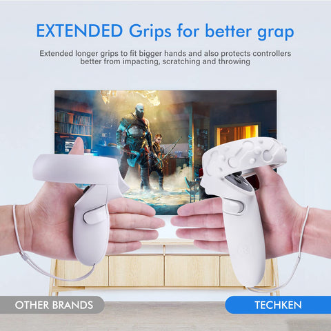 TechKen Controller Grips for Quest 2 Accessories, Anti-Throw Strap with Battery Opening Soft Silicone Grips Cover with Adjustable Knuckle Straps for Meta Quest 2 (White)