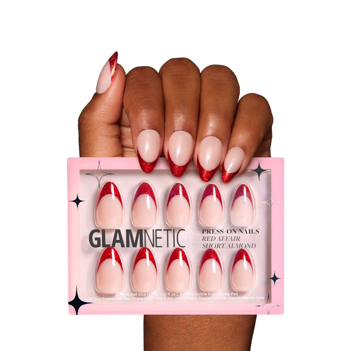 Glamnetic Press On Nails - Red Affair | Short Almond Red Glitter French Tip Nails with a Glossy Finish | 15 Sizes - 30 Nail Kit with Glue