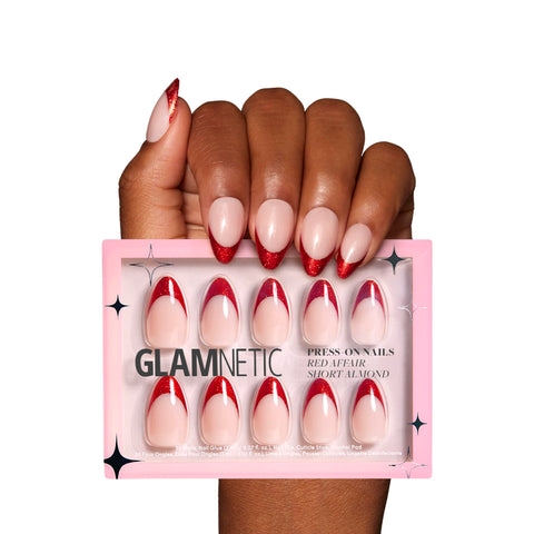 Glamnetic Press On Nails - Red Affair | Short Almond Red Glitter French Tip Nails with a Glossy Finish | 15 Sizes - 30 Nail Kit with Glue