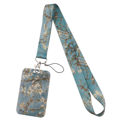 Juanooo Cool Van Gogh ID Badge Holder Lanyard for Keys Aesthetic Flower Keychain Lanyard for Women Girls for ID Badges Cruise Lanyard for Ship Cards(Almond Blossom)