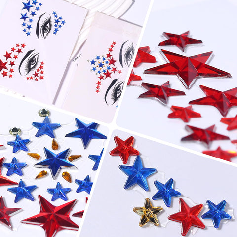 Independence Day Rhinestone Face Stickers Patriotic Temporary Tattoo Stickers Gems for Face Body Red Bllue Self Adhesive Crystal Makeup Diamonds Face Tattoo Sticker Holiday Festival Party Supplies